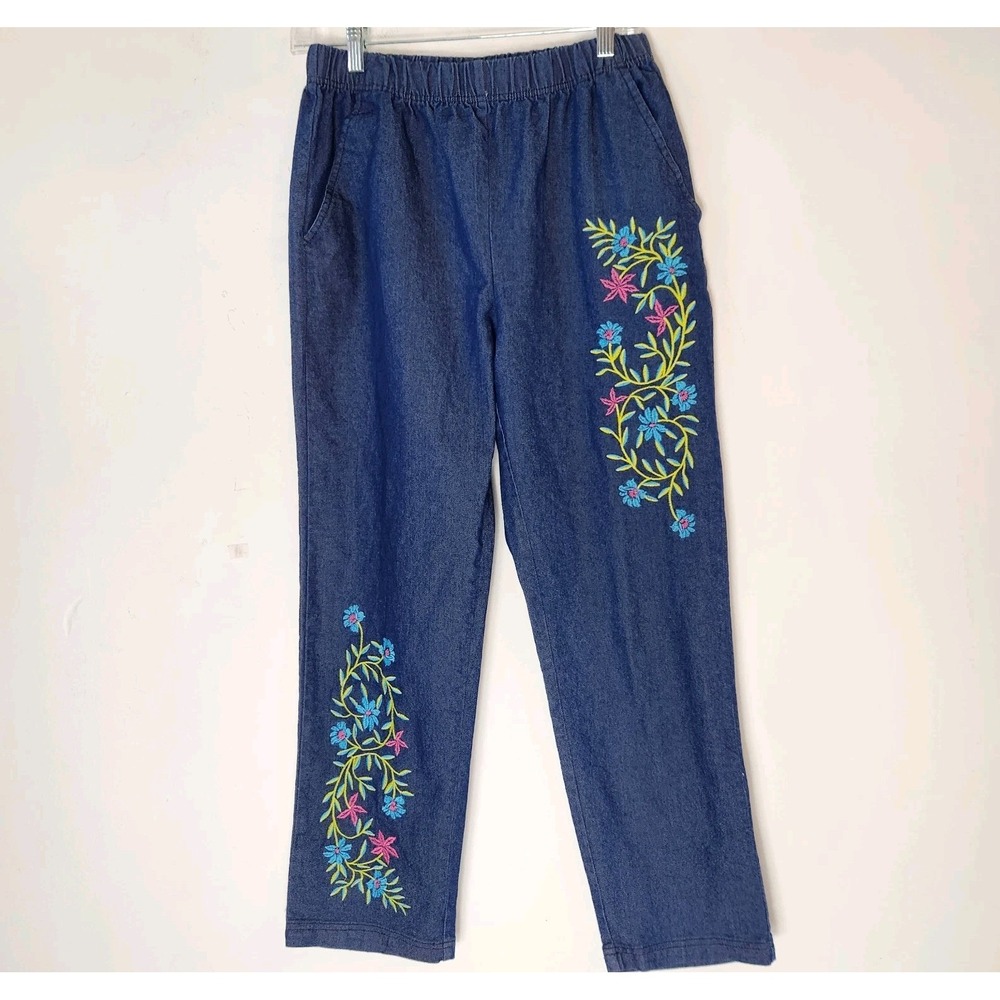 Vintage Embroidered Denim Jeans M Floral Pull On Grannycore Boho 90s Cottagecore